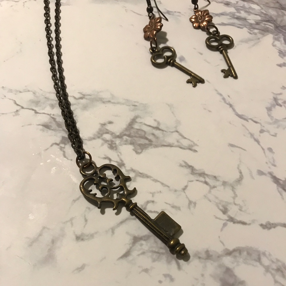 Brass key necklace and earrings set
